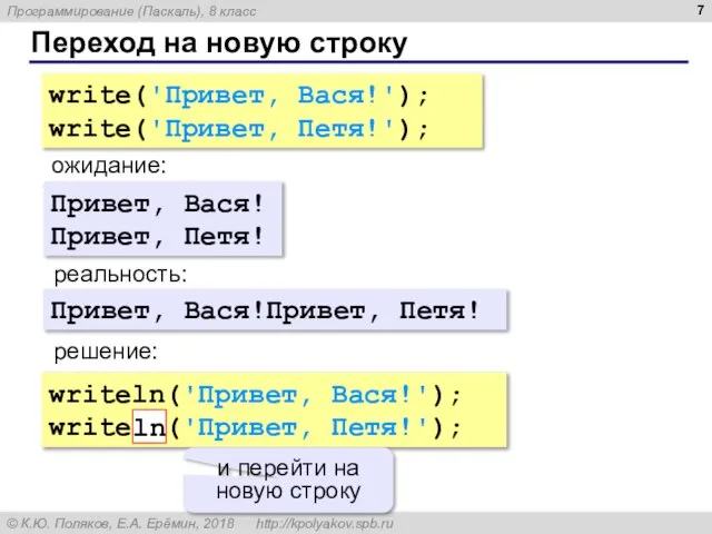 Переход на новую строку write('Привет, Вася!'); write('Привет, Петя!'); ожидание: реальность: Привет, Вася!