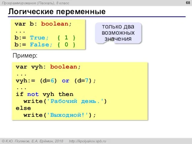 Логические переменные var b: boolean; ... b:= True; { 1 } b:=