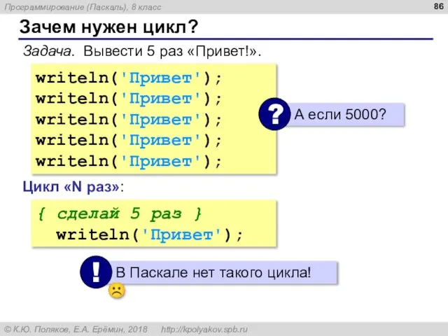 Зачем нужен цикл? Задача. Вывести 5 раз «Привет!». writeln('Привет'); writeln('Привет'); writeln('Привет'); writeln('Привет');