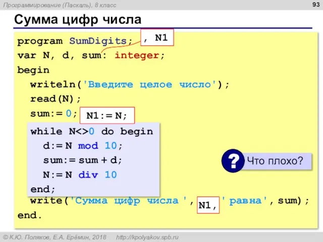 Сумма цифр числа program SumDigits; var N, d, sum: integer; begin writeln('Введите