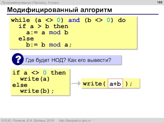 Модифицированный алгоритм while (a 0) and (b 0) do if a >