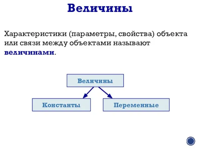 Характеристики (параметры, свойства) объекта или связи между объектами называют величинами. Величины Константы Переменные Величины