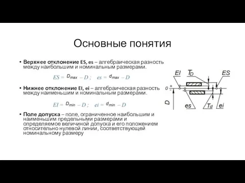 Основные понятия Верхнее отклонение ES, es – алгебраическая разность между наибольшим и