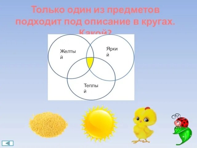 Только один из предметов подходит под описание в кругах. Какой? Желтый Яркий Теплый