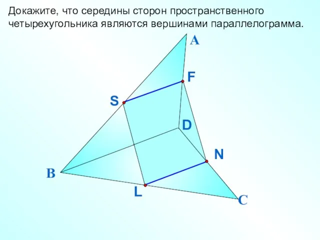 Докажите, что середины сторон пространственного четырехугольника являются вершинами параллелограмма. А В С D