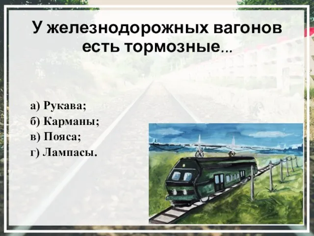 У железнодорожных вагонов есть тормозные... а) Рукава; б) Карманы; в) Пояса; г) Лампасы.