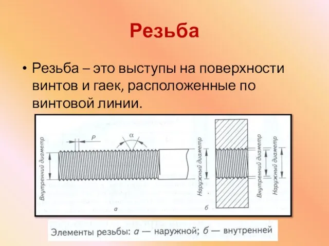 Резьба Резьба – это выступы на поверхности винтов и гаек, расположенные по винтовой линии.