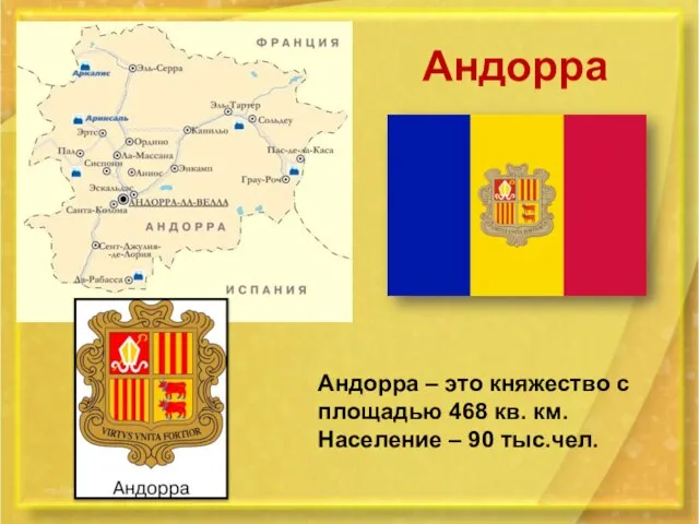 Андорра Андорра – это княжество с площадью 468 кв. км. Население – 90 тыс.чел.