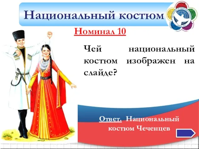 Национальный костюм Чей национальный костюм изображен на слайде? Ответ. Национальный костюм Чеченцев Номинал 10