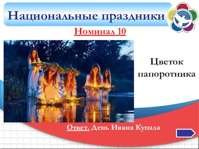 Национальные праздники Номинал 10 Ответ. День Ивана Купала Цветок папоротника