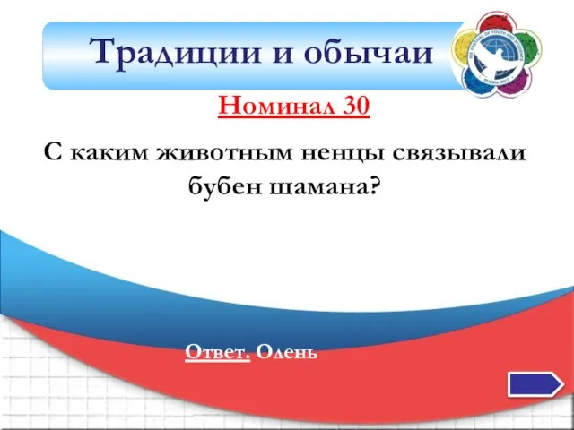 Традиции и обычаи Номинал 30 С каким животным ненцы связывали бубен шамана? Ответ. Олень