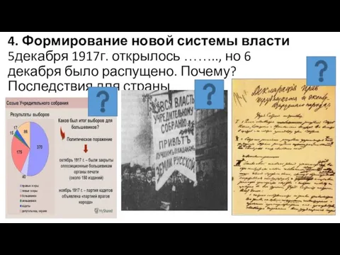 4. Формирование новой системы власти 5декабря 1917г. открылось …….., но 6 декабря