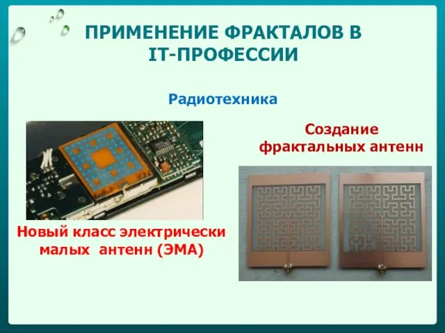 ПРИМЕНЕНИЕ ФРАКТАЛОВ В IT-ПРОФЕССИИ Радиотехника Создание фрактальных антенн Новый класс электрически малых антенн (ЭМА)