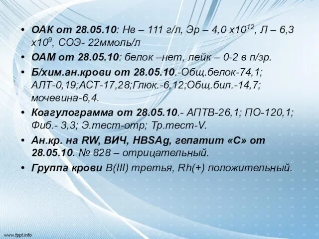 ОАК от 28.05.10: Нв – 111 г/л, Эр – 4,0 х1012, Л