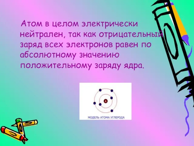 Атом в целом электрически нейтрален, так как отрицательный заряд всех электронов равен