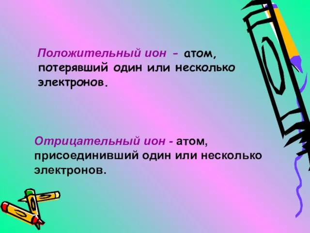 Положительный ион - атом, потерявший один или несколько электронов. Отрицательный ион -