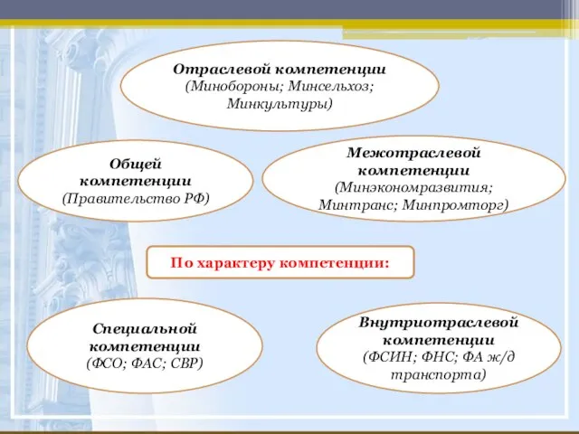 По характеру компетенции: Специальной компетенции (ФСО; ФАС; СВР) Общей компетенции (Правительство РФ)