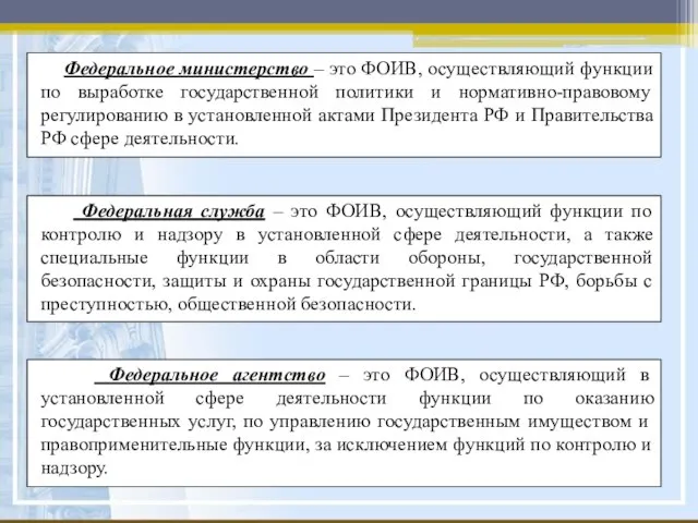 Федеральное министерство – это ФОИВ, осуществляющий функции по выработке государственной политики и