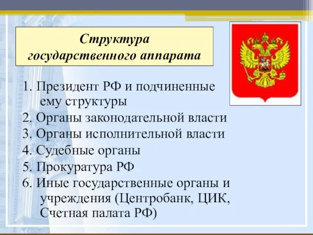 Структура государственного аппарата 1. Президент РФ и подчиненные ему структуры 2. Органы