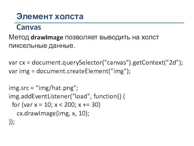 Элемент холста Canvas Метод drawImage позволяет выводить на холст пиксельные данные. var