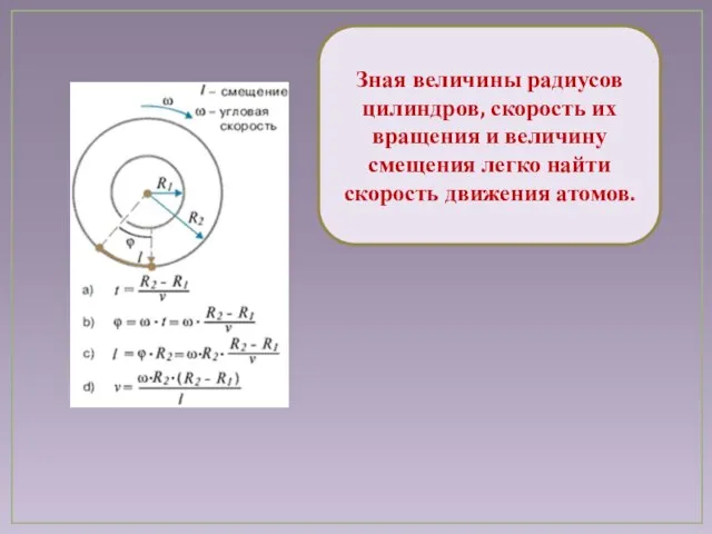 Зная величины радиусов цилиндров, скорость их вращения и величину смещения легко найти скорость движения атомов.