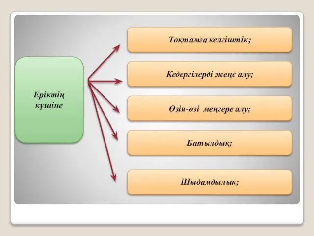 Еріктің күшіне Тоқтамға келгіштік; Кедергілерді жеңе алу; Өзін-өзі меңгере алу; Батылдық; Шыдамдылық;