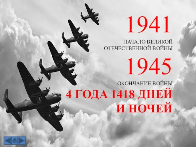 1941 НАЧАЛО ВЕЛИКОЙ ОТЕЧЕСТВЕННОЙ ВОЙНЫ 1945 ОКОНЧАНИЕ ВОЙНЫ 4 ГОДА 1418 ДНЕЙ И НОЧЕЙ