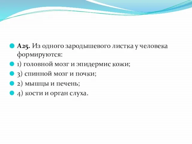 А25. Из одного зародышевого листка у человека формируются: 1) головной мозг и