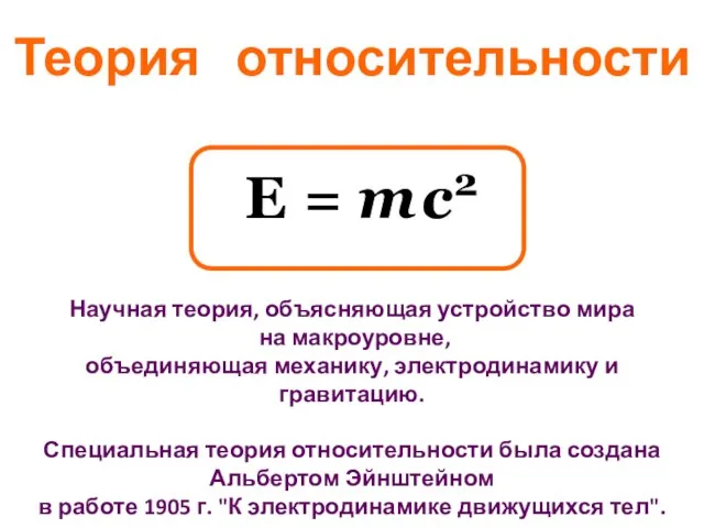 E = m c2 Теория относительности Научная теория, объясняющая устройство мира на