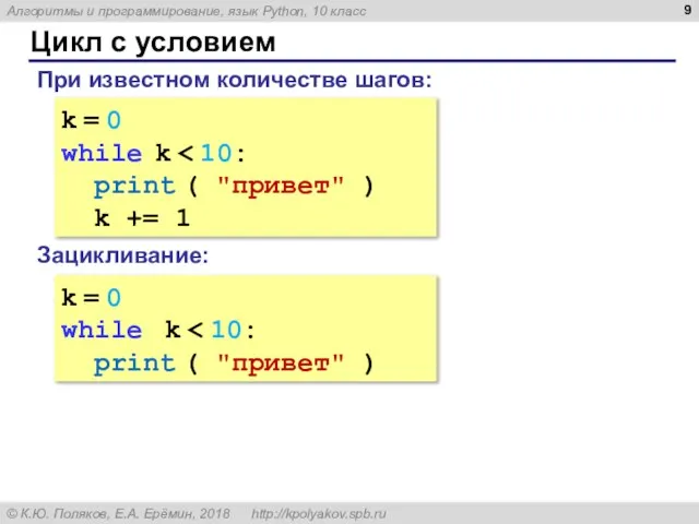 Цикл с условием k = 0 while k print ( "привет" )