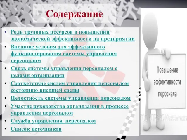 Содержание Роль трудовых ресурсов в повышении экономической эффективности на предприятии Внешние условия