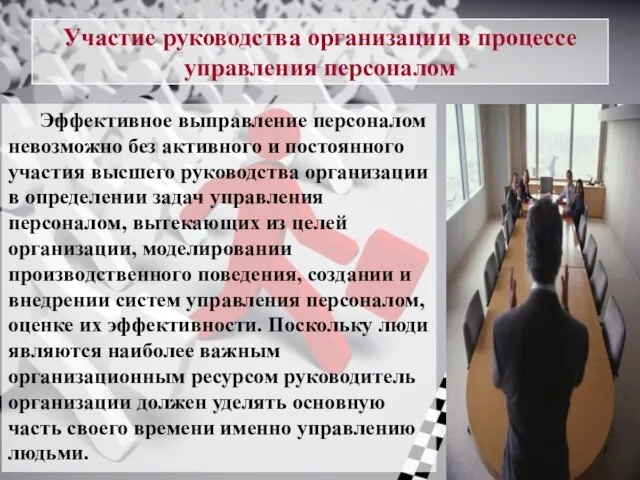 Участие руководства организации в процессе управления персоналом Эффективное выправление персоналом невозможно без