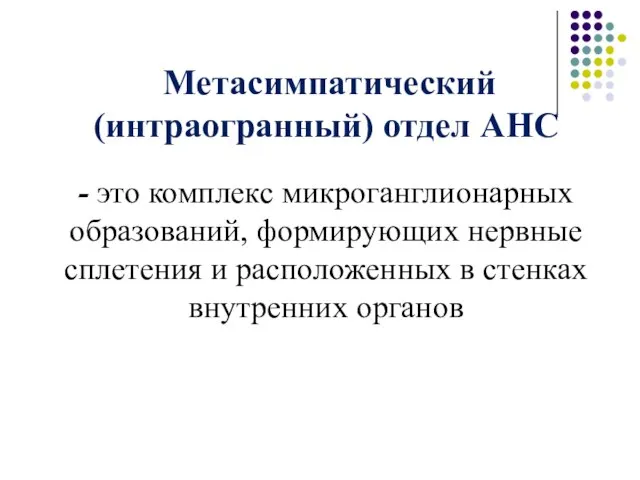 Метасимпатический (интраогранный) отдел АНС - это комплекс микроганглионарных образований, формирующих нервные сплетения