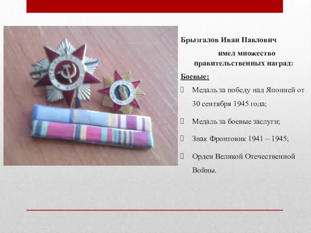 Брызгалов Иван Павлович имел множество правительственных наград: Боевые: Медаль за победу над