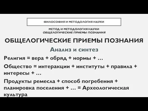 ОБЩЕЛОГИЧЕСКИЕ ПРИЕМЫ ПОЗНАНИЯ Анализ и синтез Религия = вера + обряд +