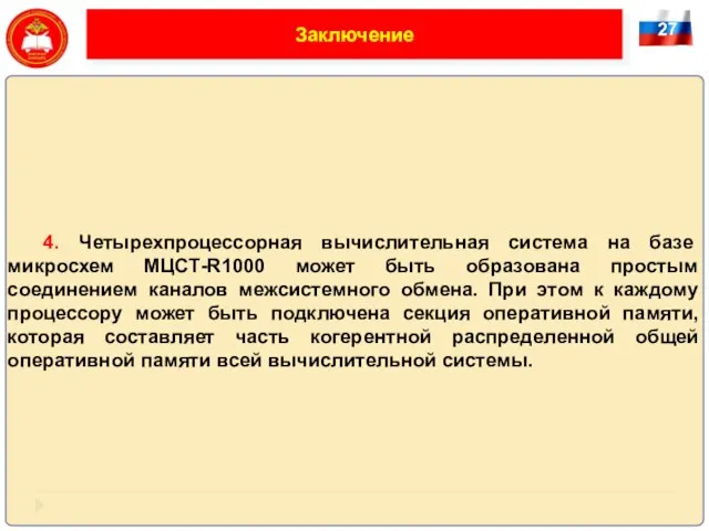 27 Заключение 4. Четырехпроцессорная вычислительная система на базе микросхем МЦСТ-R1000 может быть