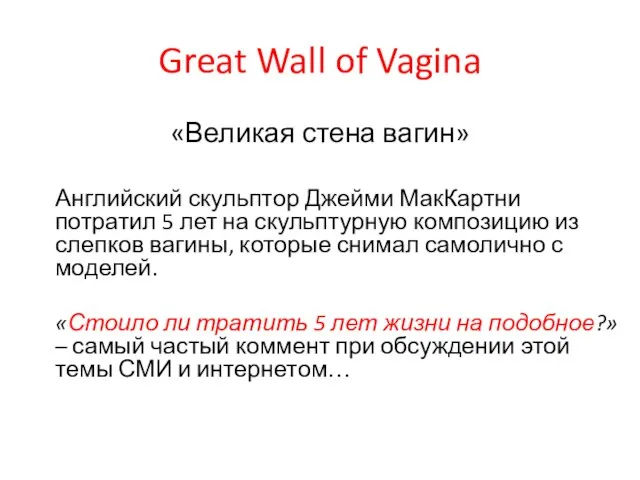 Great Wall of Vagina «Великая стена вагин» Английский скульптор Джейми МакКартни потратил