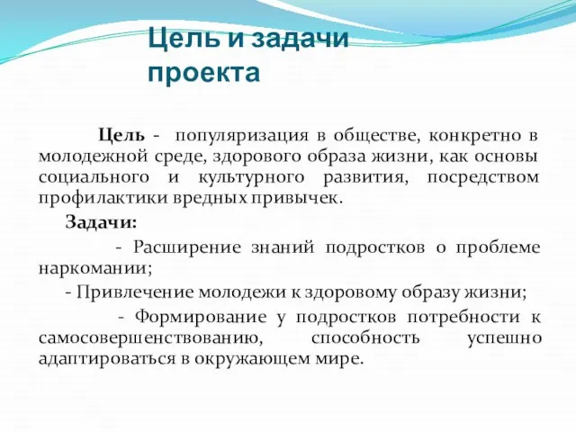 Цель и задачи проекта Цель - популяризация в обществе, конкретно в молодежной