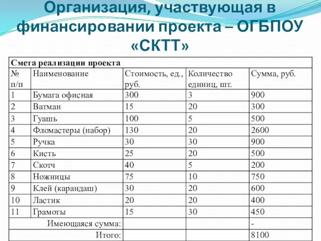 Организация, участвующая в финансировании проекта – ОГБПОУ «СКТТ»