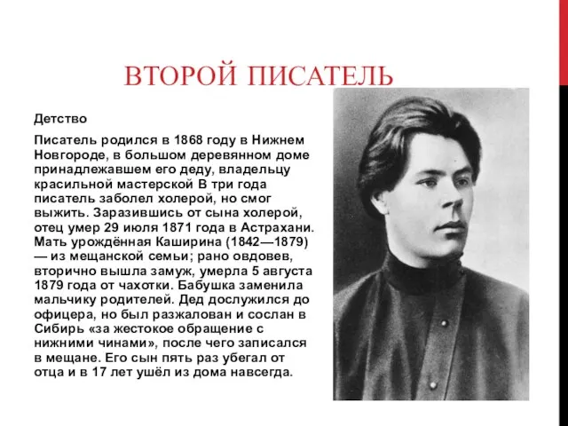 ВТОРОЙ ПИСАТЕЛЬ Детство Писатель родился в 1868 году в Нижнем Новгороде, в