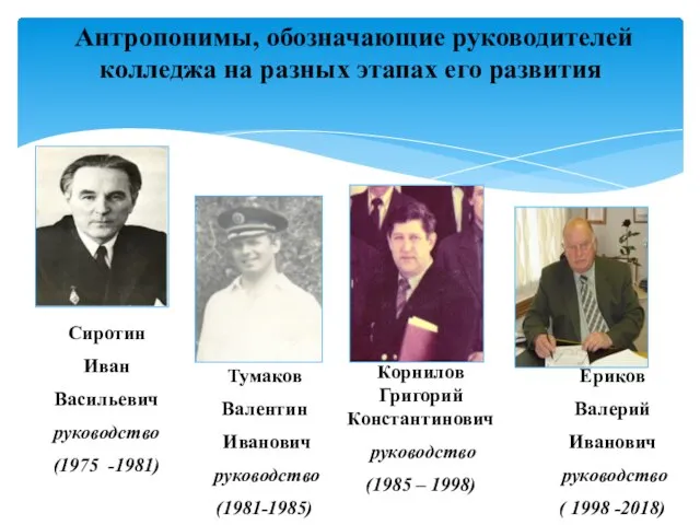Антропонимы, обозначающие руководителей колледжа на разных этапах его развития Сиротин Иван Васильевич