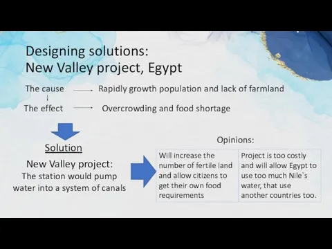 Designing solutions: New Valley project, Egypt The cause Rapidly growth population and