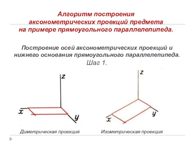Построение осей аксонометрических проекций и нижнего основания прямоугольного параллелепипеда. Шаг 1. Диметрическая