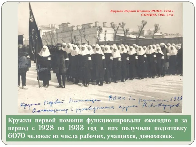 Кружки первой помощи функционировали ежегодно и за период с 1928 по 1933