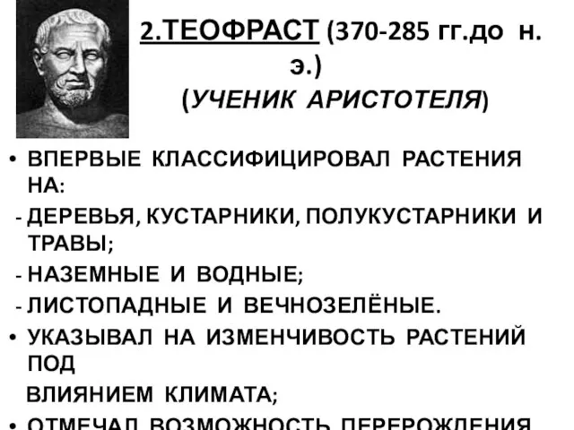 2.ТЕОФРАСТ (370-285 гг.до н. э.) (УЧЕНИК АРИСТОТЕЛЯ) ВПЕРВЫЕ КЛАССИФИЦИРОВАЛ РАСТЕНИЯ НА: -