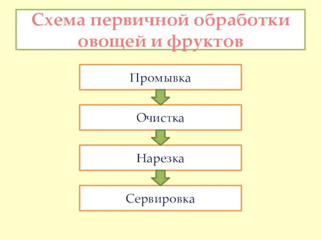 Схема первичной обработки овощей и фруктов Промывка Очистка Нарезка Сервировка