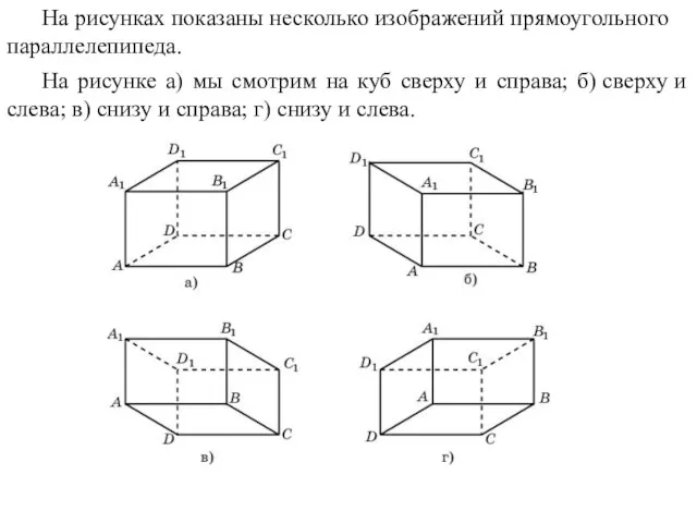 На рисунках показаны несколько изображений прямоугольного параллелепипеда. На рисунке а) мы смотрим