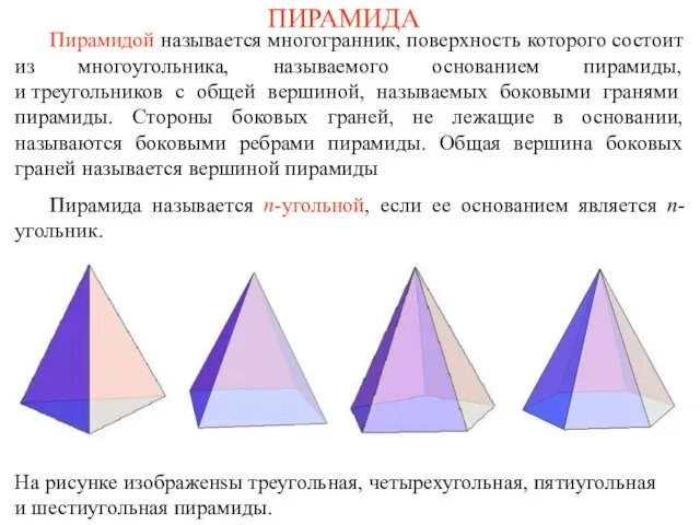 ПИРАМИДА Пирамидой называется многогранник, поверхность которого состоит из многоугольника, называемого основанием пирамиды,