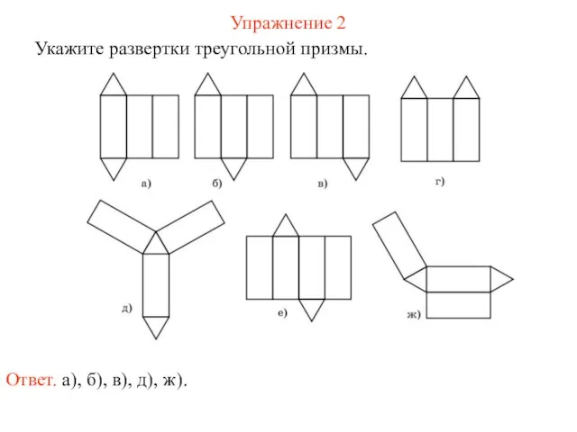 Упражнение 2 Укажите развертки треугольной призмы. Ответ. а), б), в), д), ж).