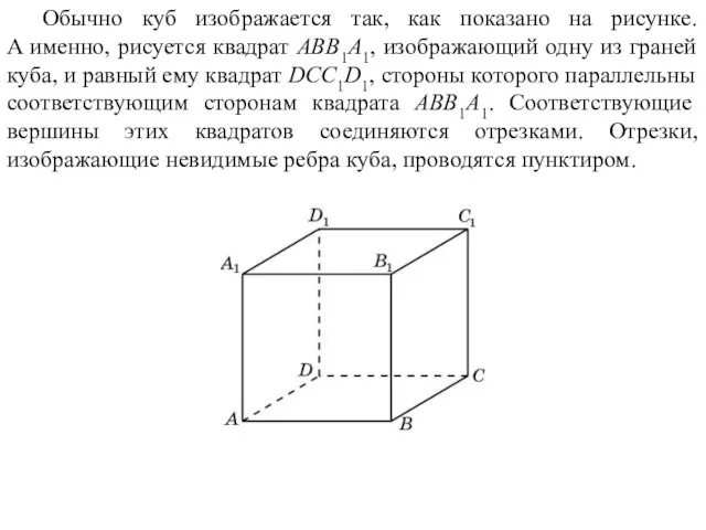 Обычно куб изображается так, как показано на рисунке. А именно, рисуется квадрат